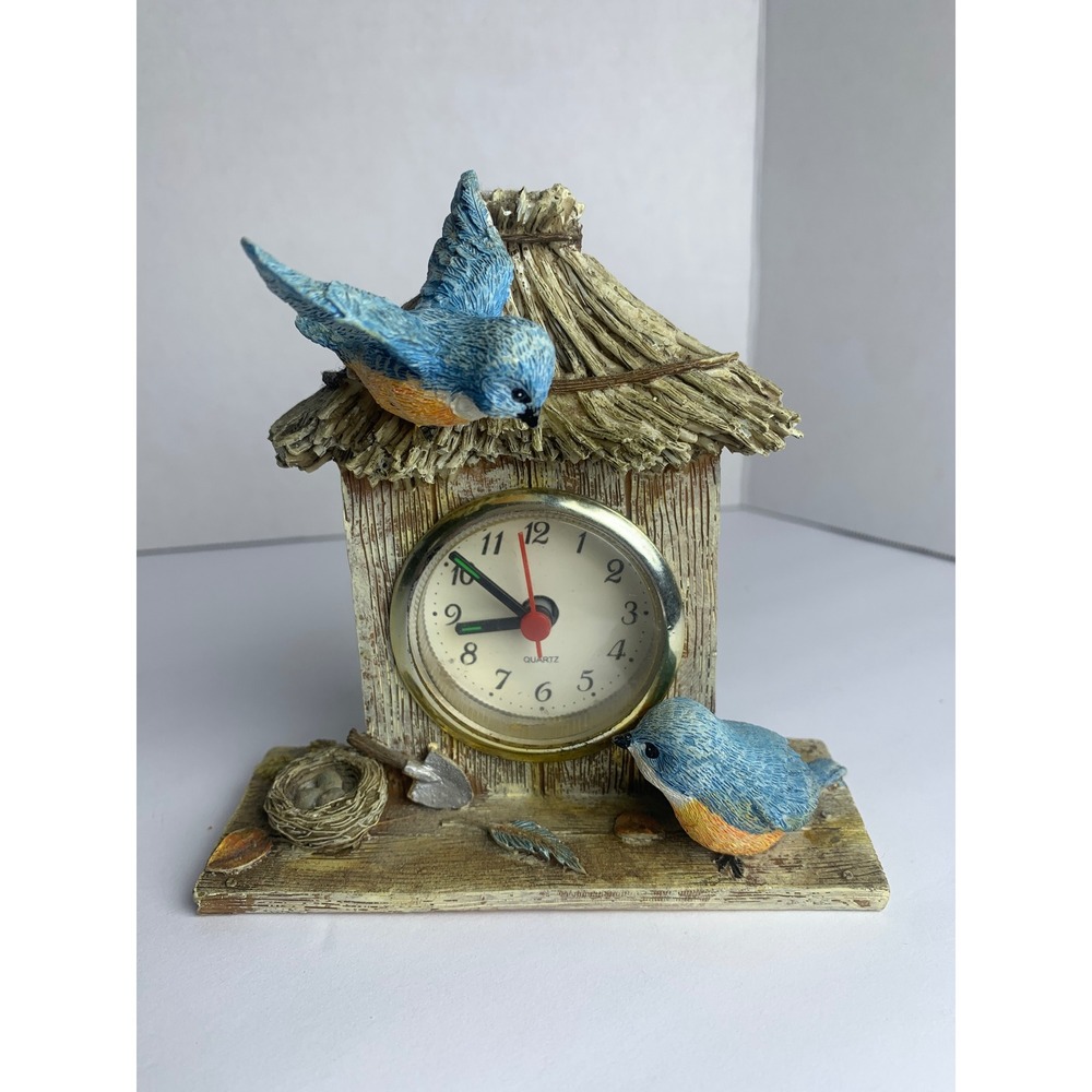 Vintage Bluebird‎ Birdhouse Desk Clock Rustic Resin Nature Decor Quartz Analog